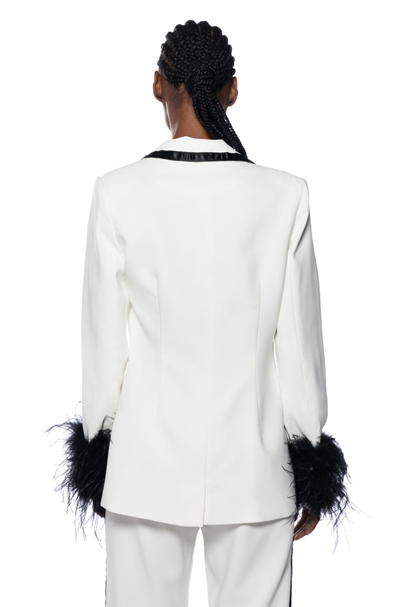 LANTIS WHITE BLAZER WITH FEATHER TRIM