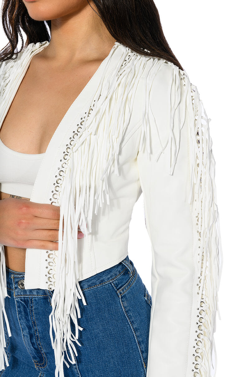 AZALEA WANG OLIVIER FRINGE JACKET IN WHITE