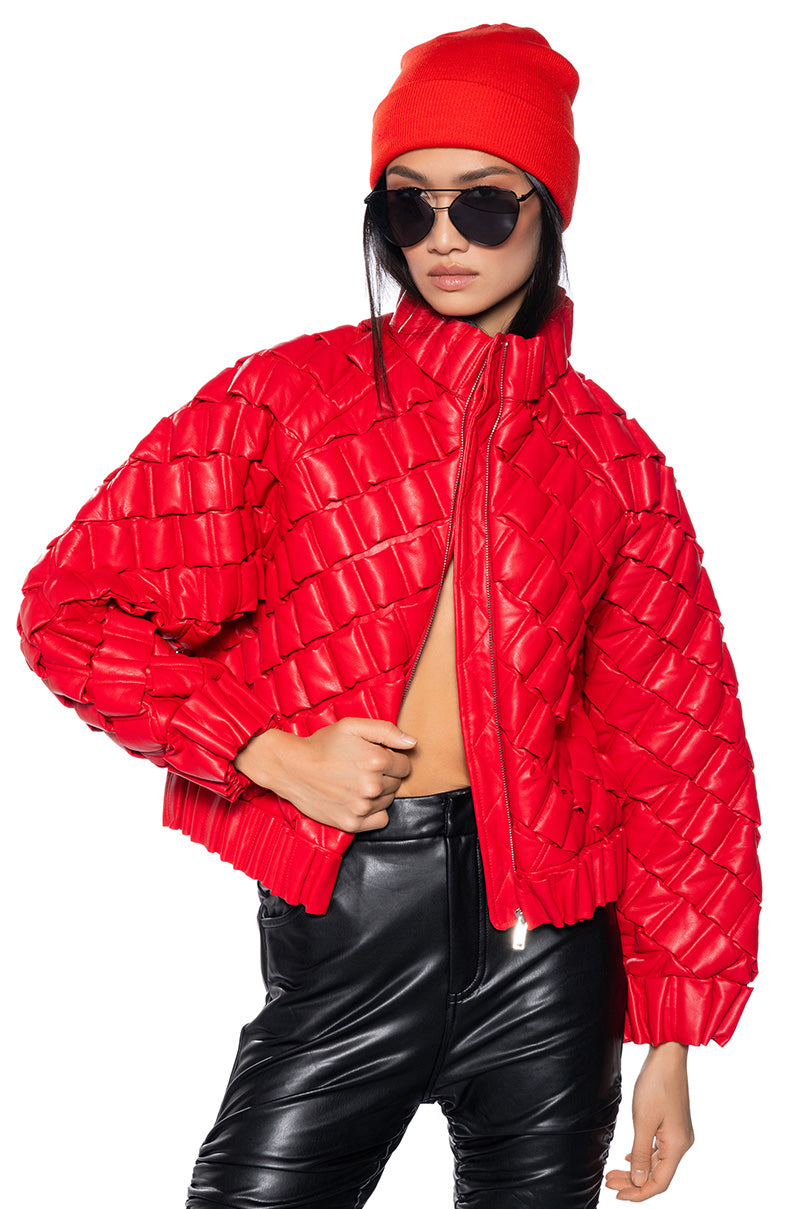 BIRTHDAY COLLECTION PU WEAVE PUFFER BOMBER IN RED