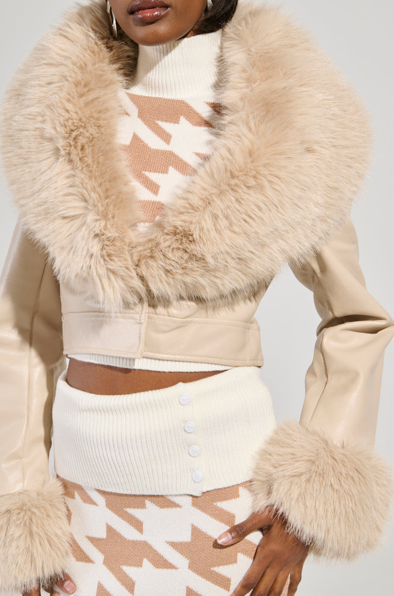 GISELE CROP FAUX FUR MOTO JACKET IN IVORY