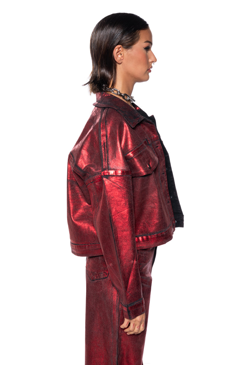 FULL RIDE METALLIC DENIM JACKET IN RED