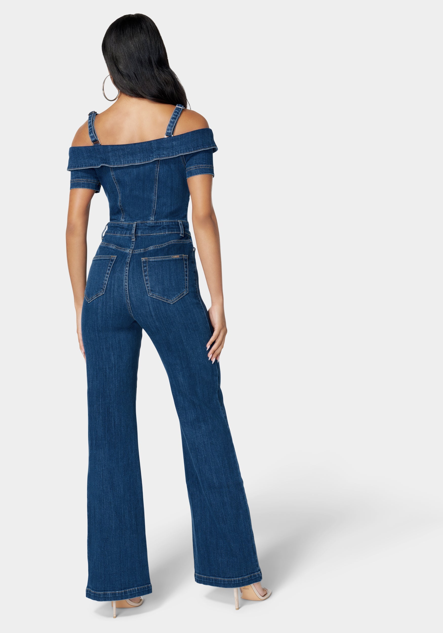 Off Shoulder Zip Front Wide Leg Denim Jumpsuit