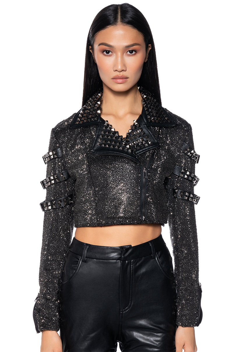 NEFELI LUXE RHINESTONE STUD MOTO JACKET