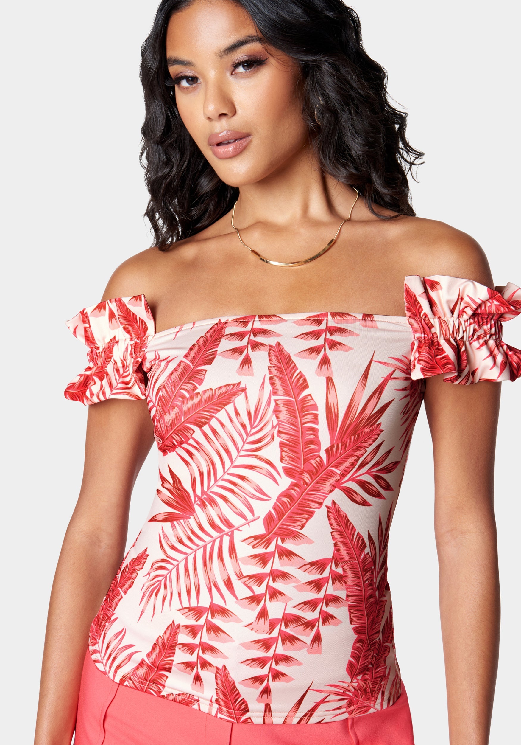 Off Shoulder Ruffle Printed Knit Top