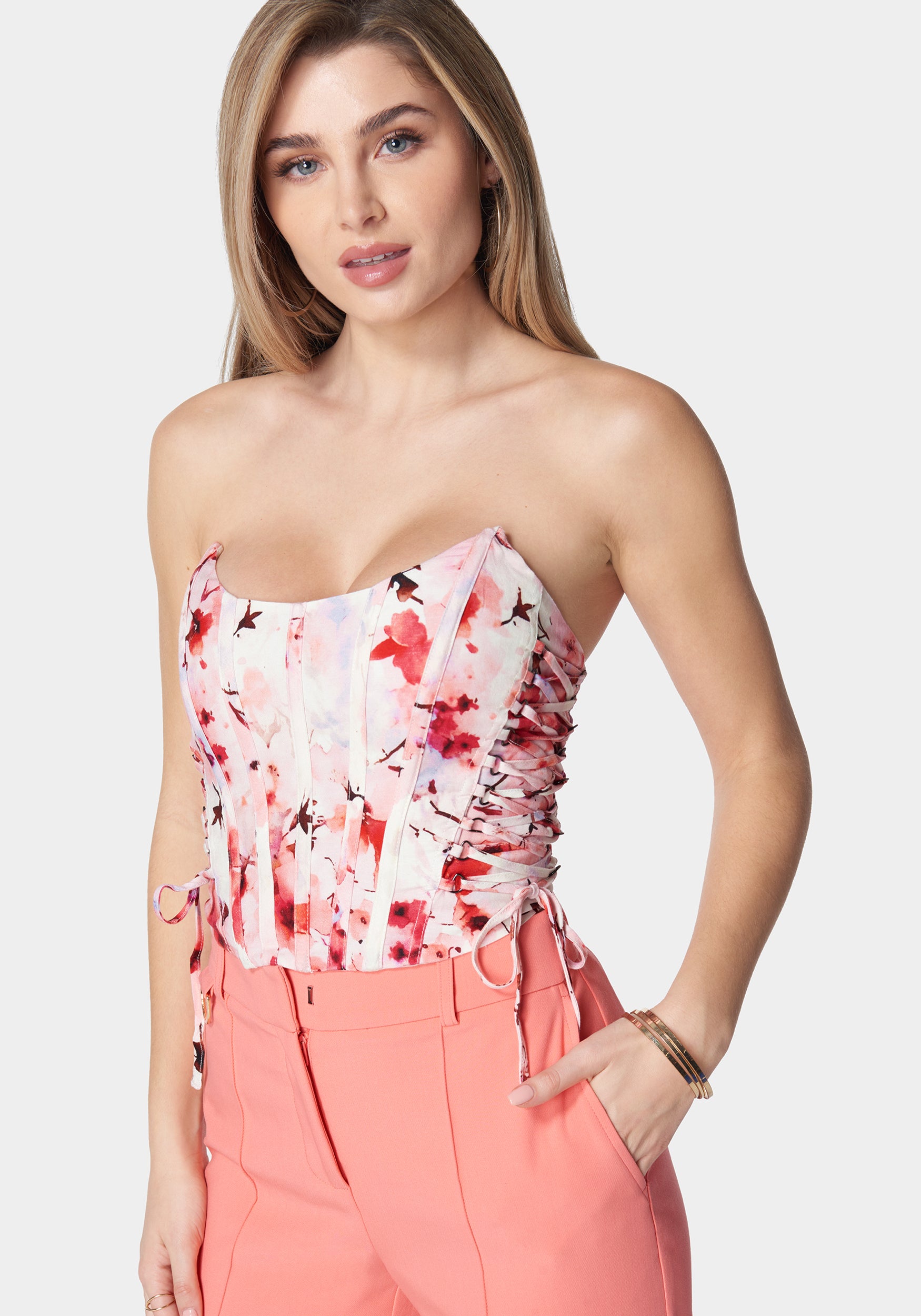 Scoop Neck Lace Up Printed Corset Top