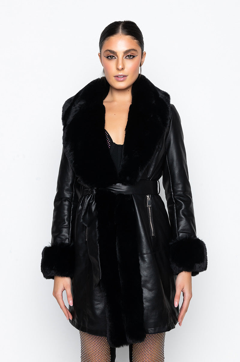 GRAM GIRL PU DRESSY COAT WITH FAUX FUR COLLAR AND WRISTS