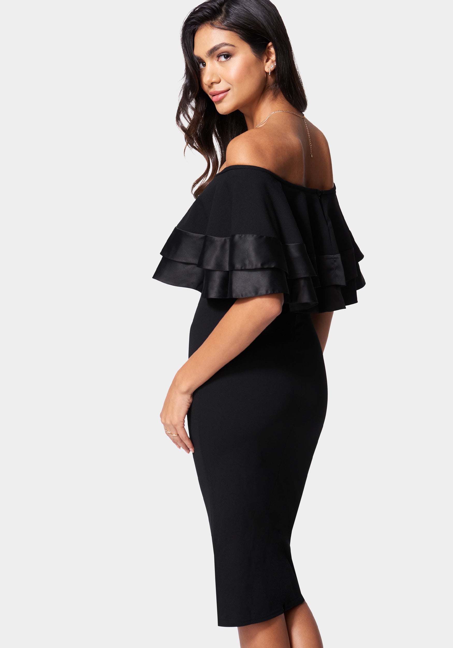 Satin Tip Off Shoulder Midi Dress