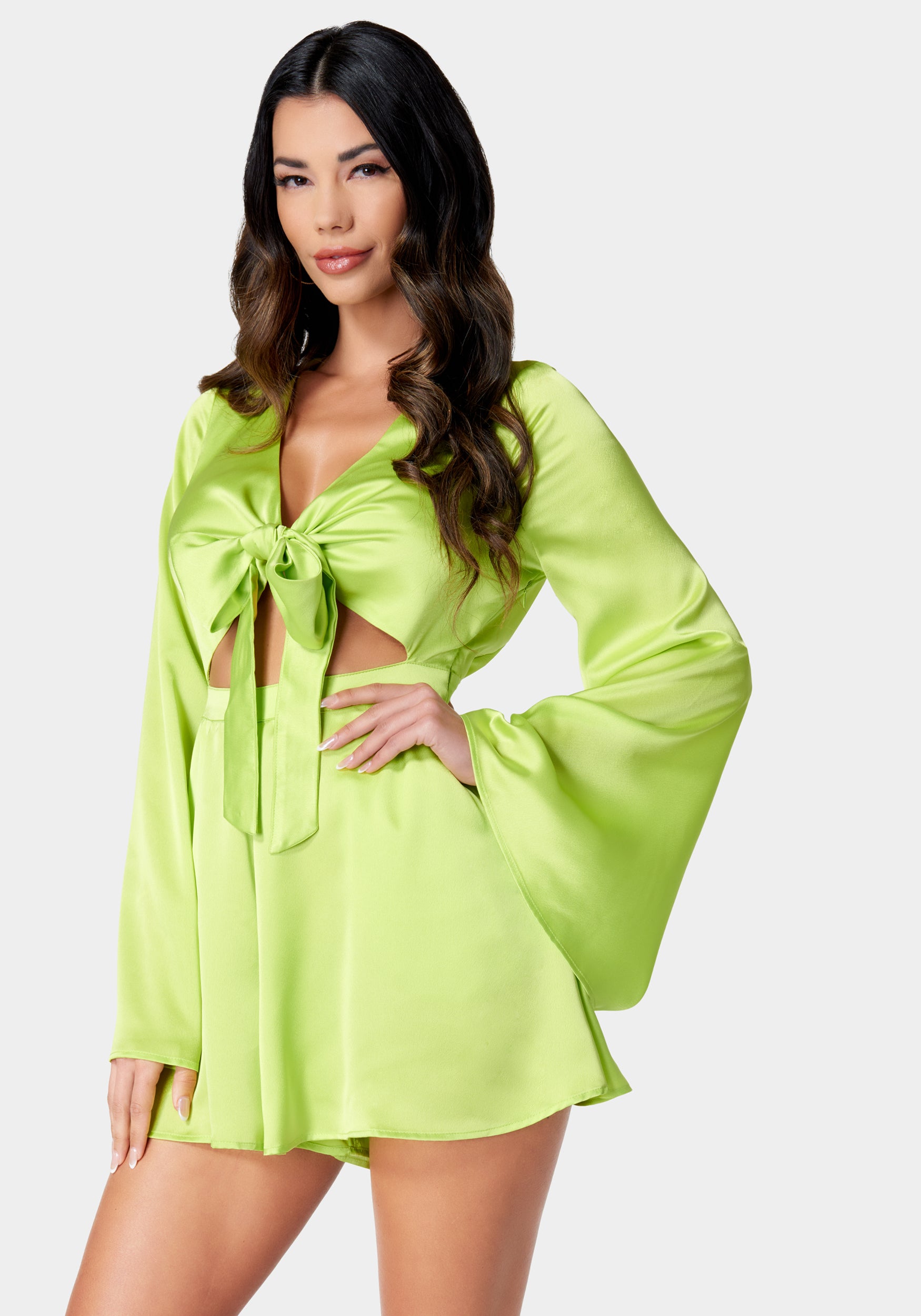 Satin Chiffon Bell Sleeve Tie Front Romper