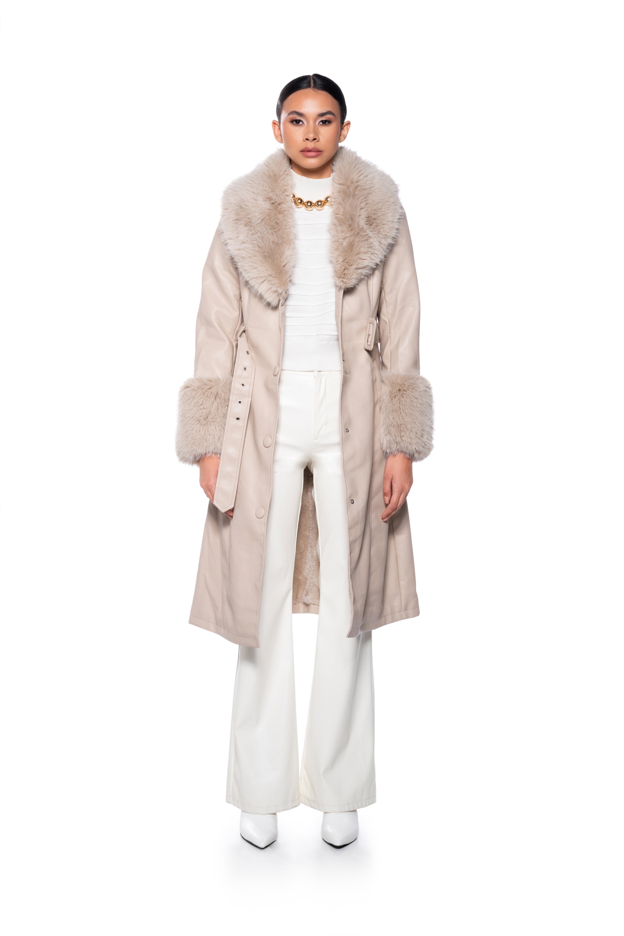 AZALEA WANG KAYA PU TRENCH WITH FUR LINING IN BEIGE