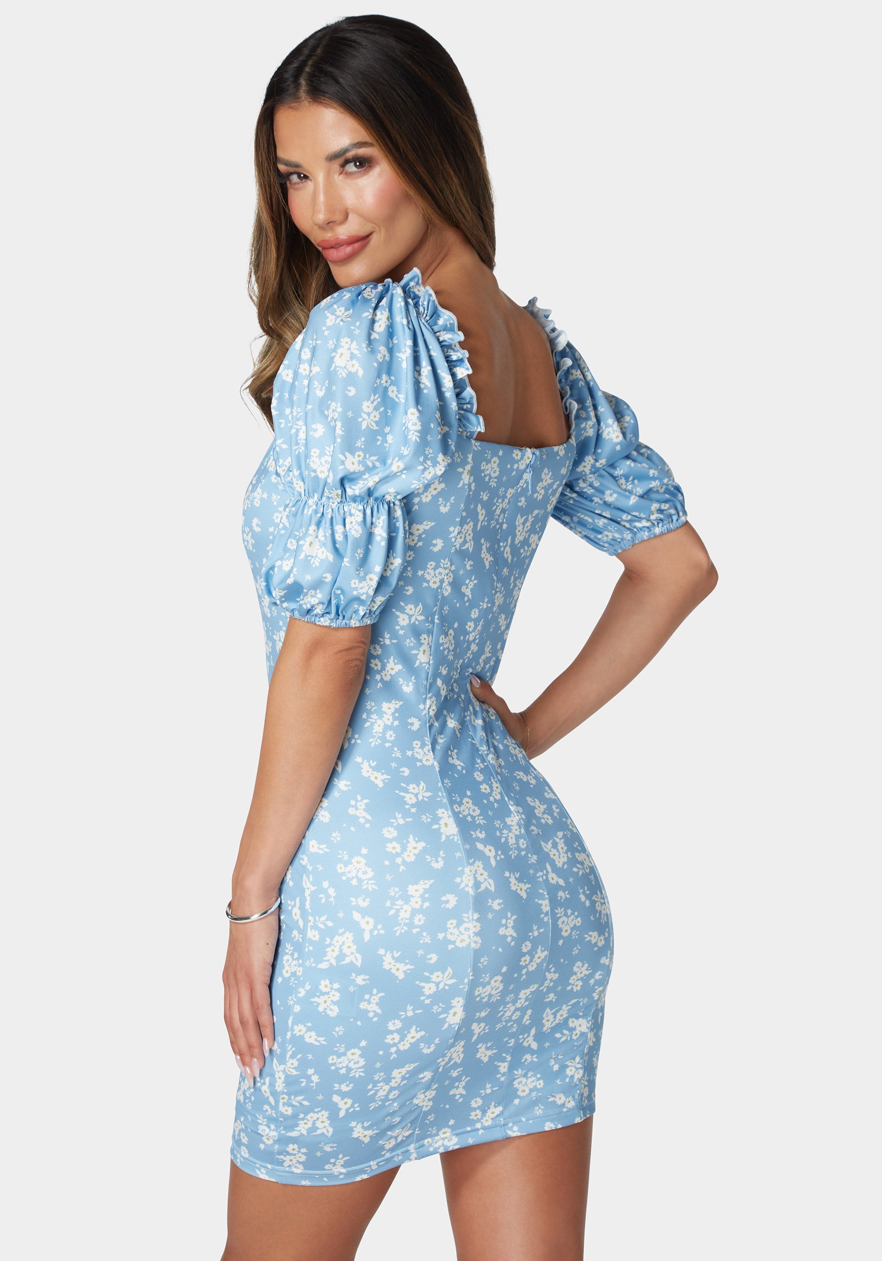 Printed Puff Sleeve Plunge Neck Dress