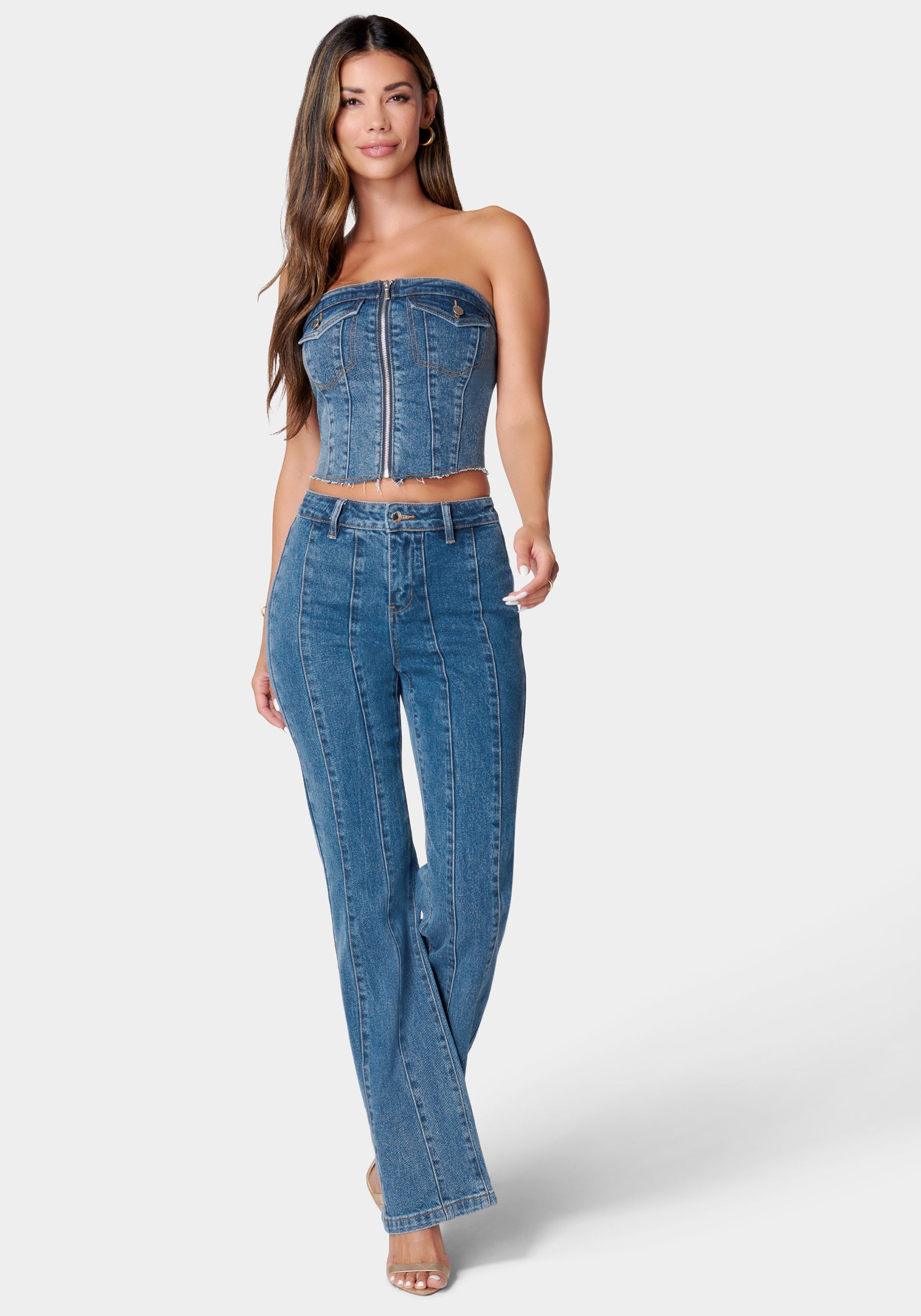 Zip Front Smocked Back Denim Bustier