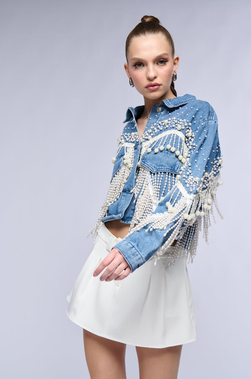 THE WORLD IS YOUR OYSTER PEARL TRIM DENIM JACKET