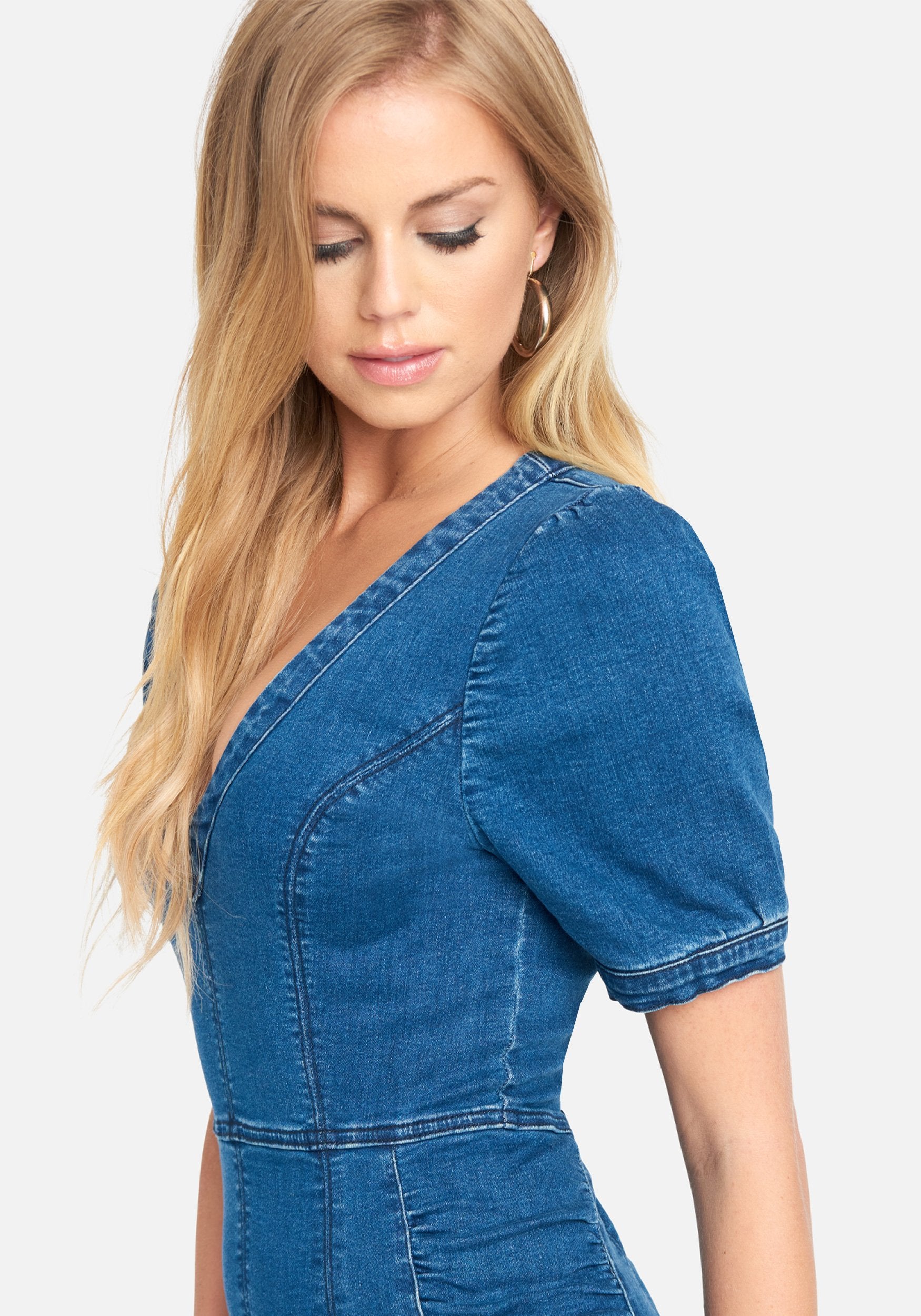 Deep V Ruched Denim Dress