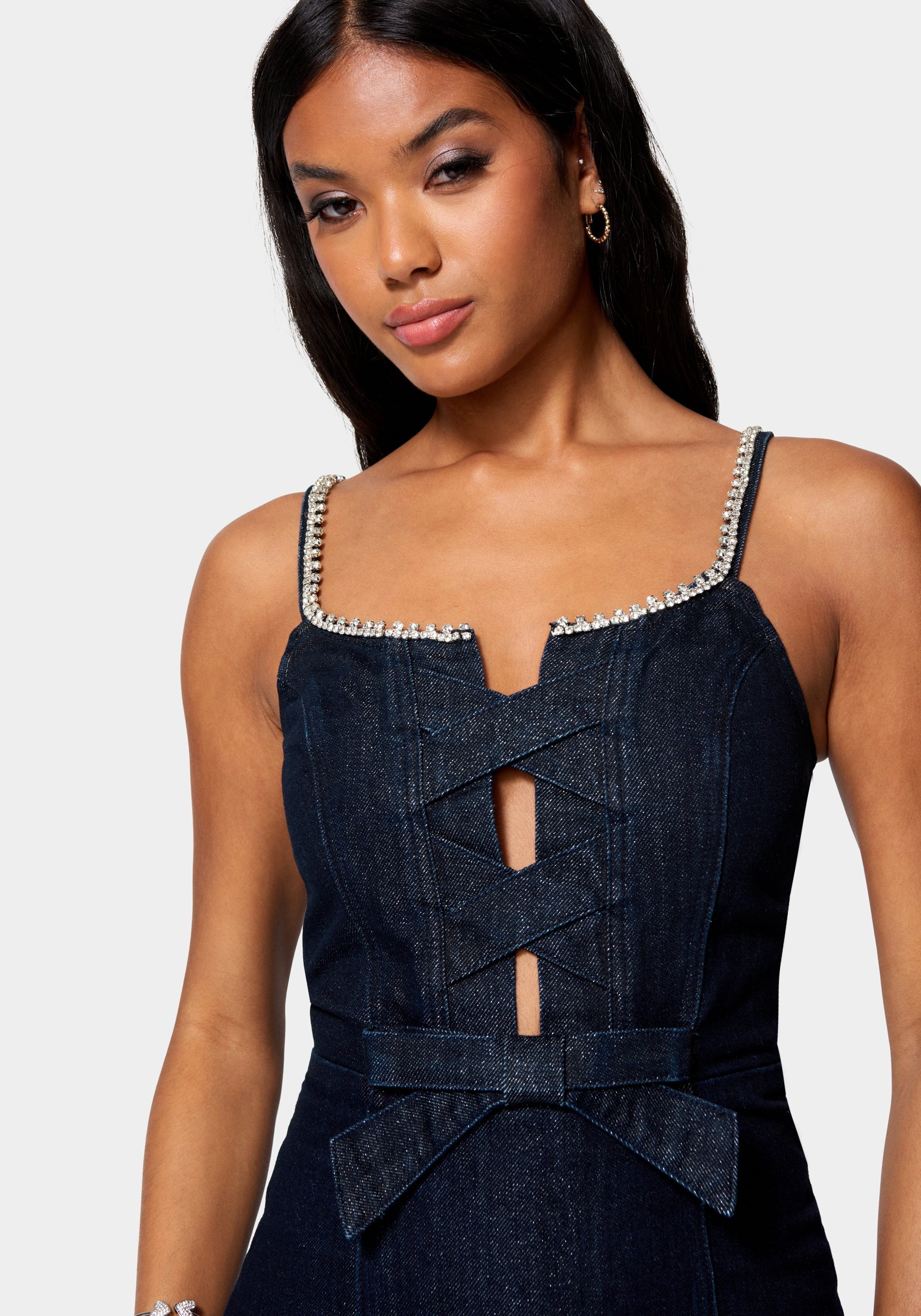 Bow Detail Rhinestone Strap Glitter Denim Dress