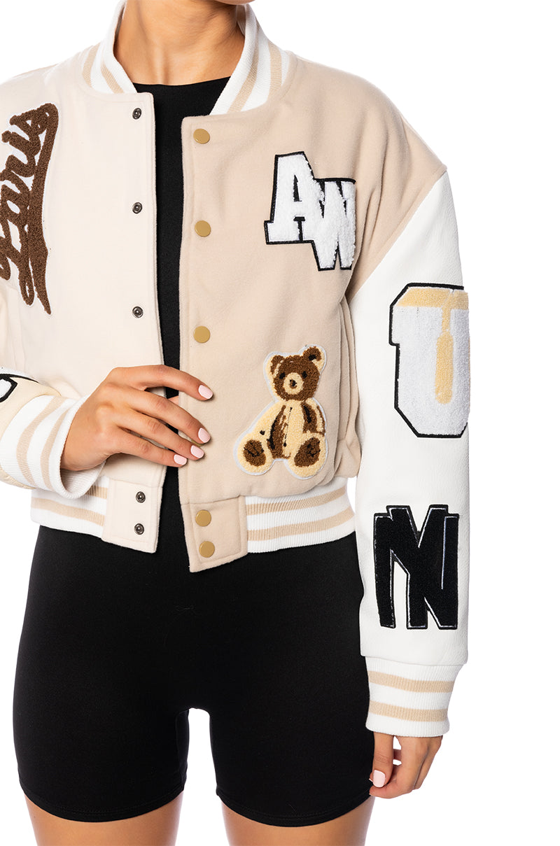 AZALEA WANG BEIGE RUELA VARSITY JACKET