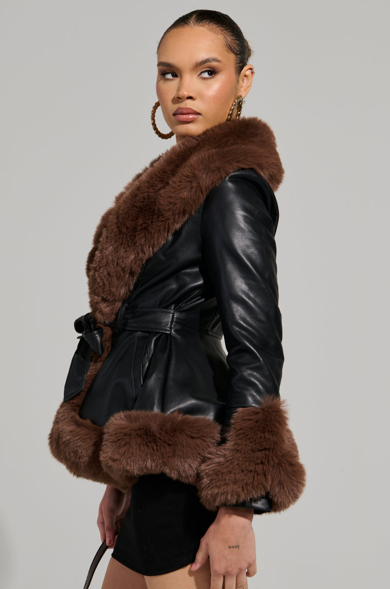 KENZY FUR TRIM PEPLUM MOTO IN BLACK BROWN