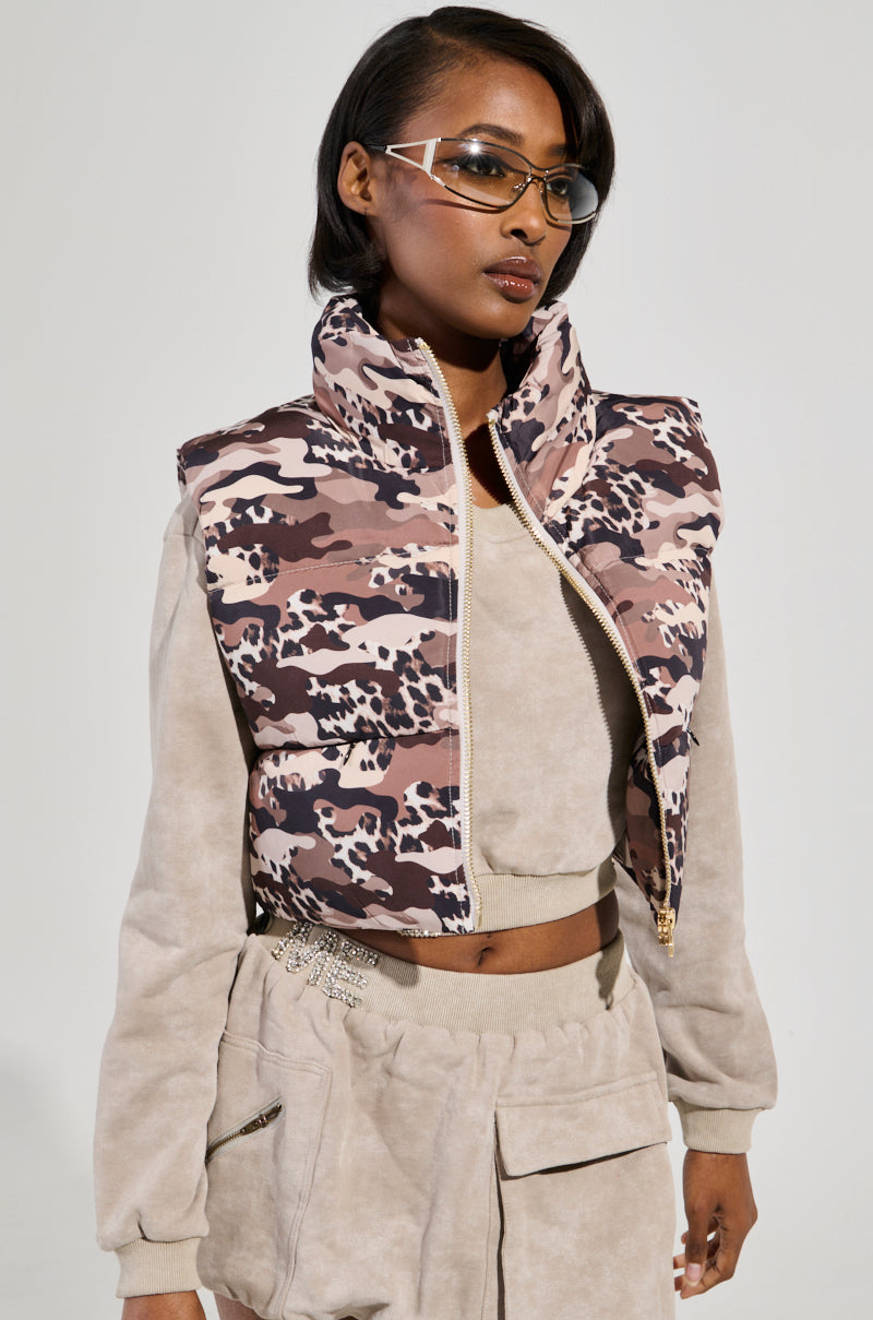 CAMO CHEETAH PRINT PUFFER VEST