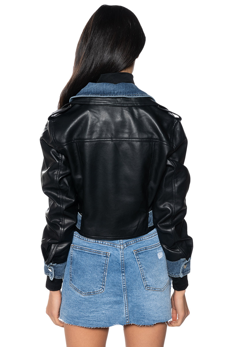 DOUBLE TROUBLE DENIM MOTO JACKET