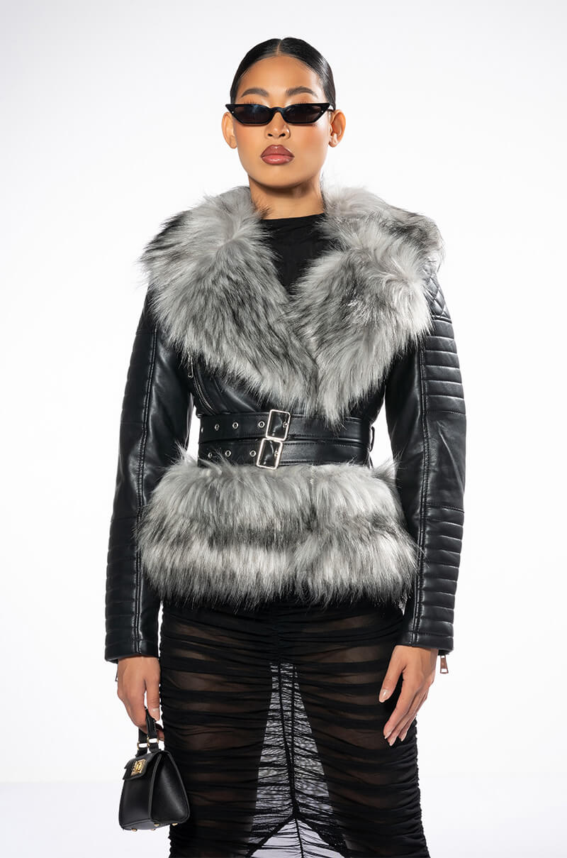 NEVER CARED WAIST LINED FAUX FUR MOTO JACKET