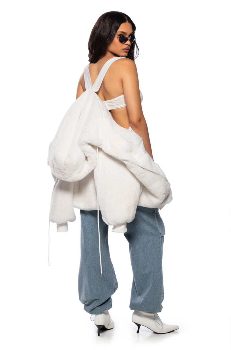 RZA LONG COMFY FAUX FUR HOODIE IN WHITE