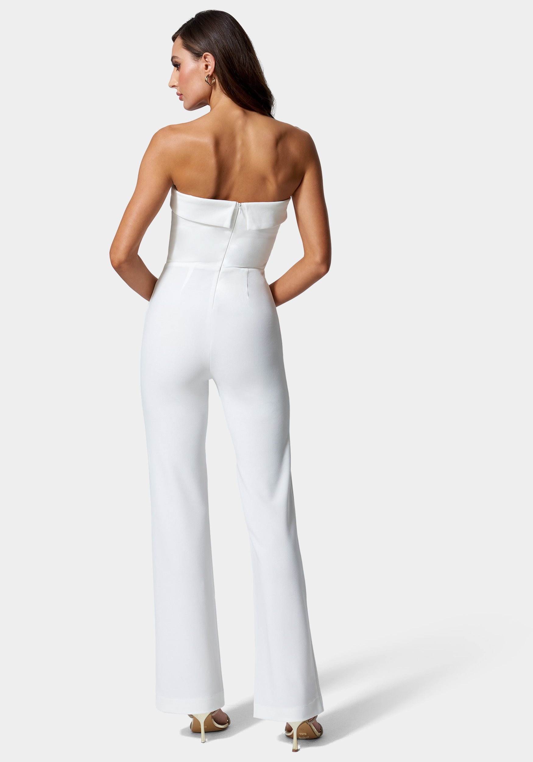 Knit Crepe Strapless Button Detail Wide Leg Jumpsuit