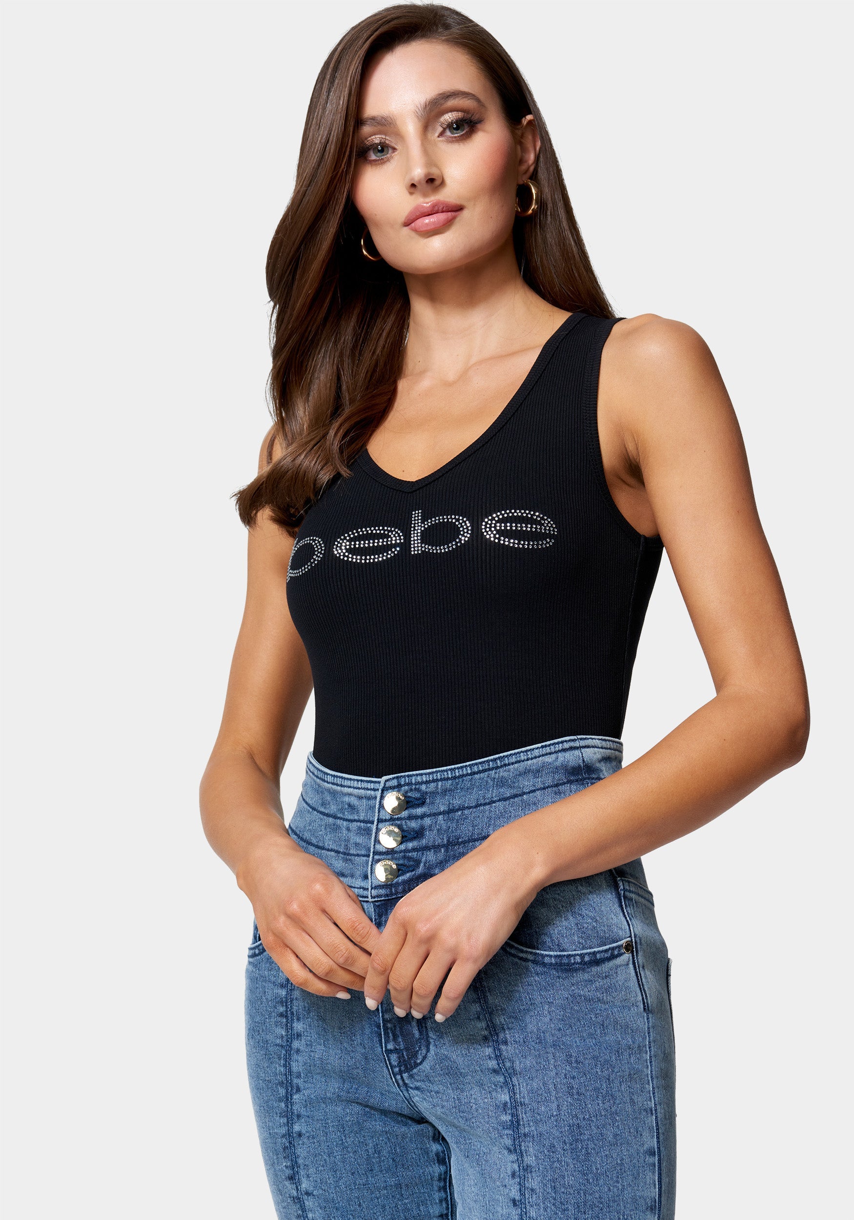 Bebe Logo V-Neck Rib Tank Top