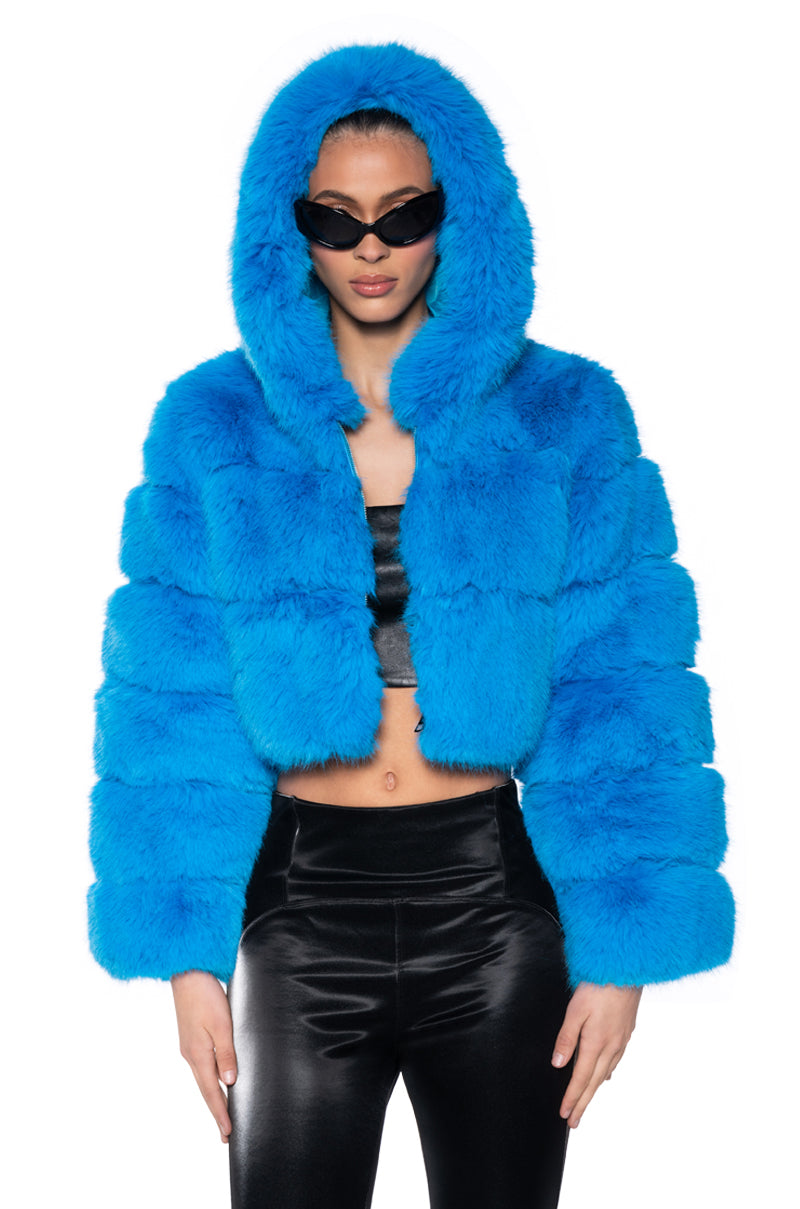 YETI FAUX FOX FUR COAT IN BLUE