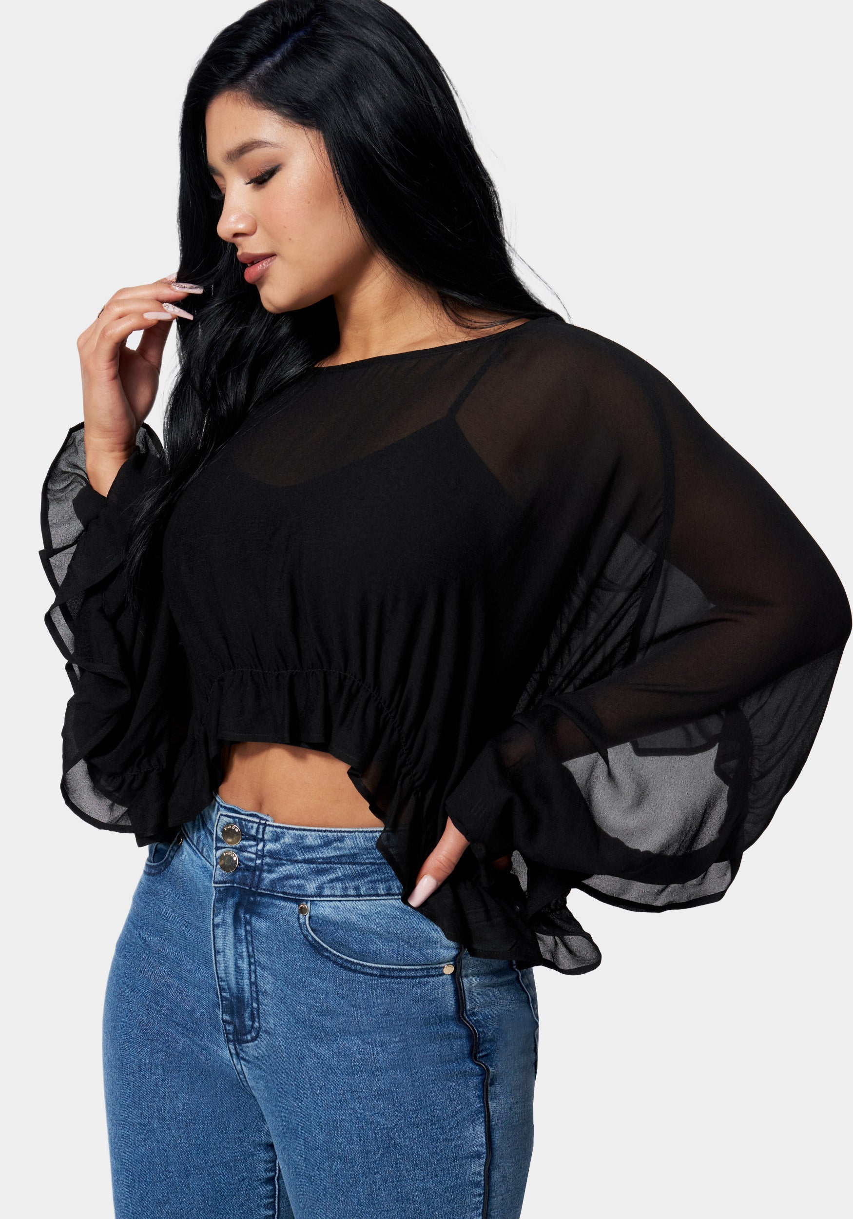 Chiffon Ruffle Hem Overlay Blouse