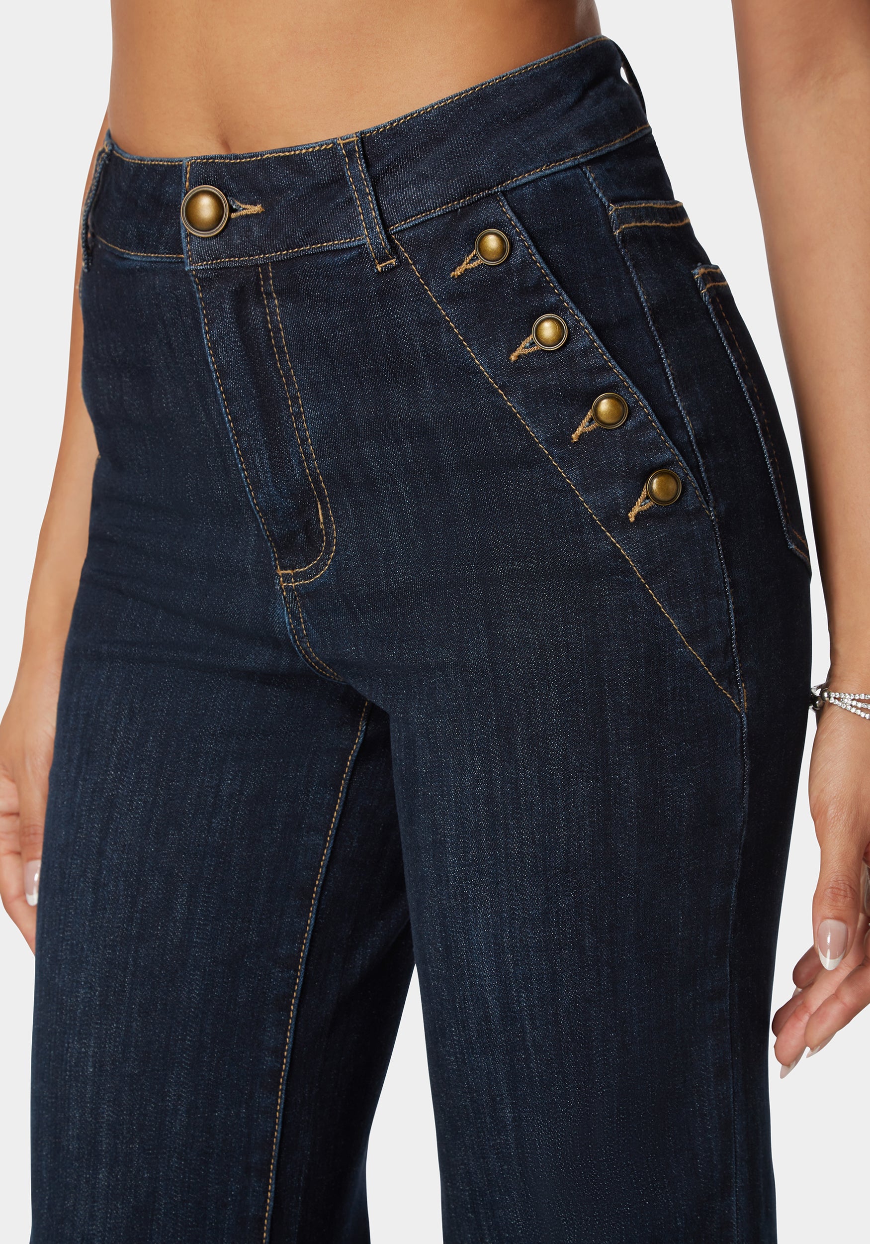 High Waist Button Detail Flared Leg Jeans