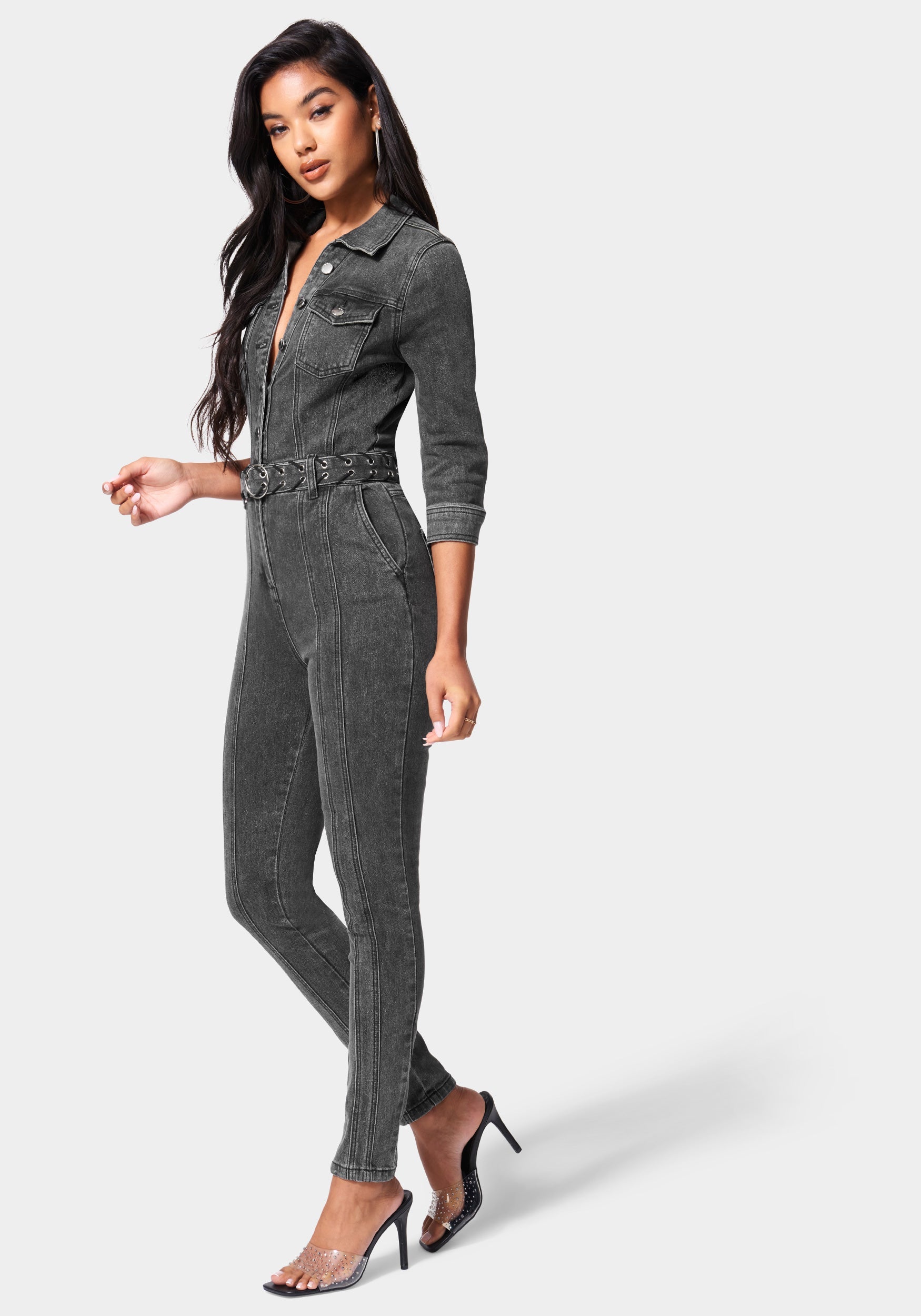 Button Down Belted Slim Denim Jumpsuit