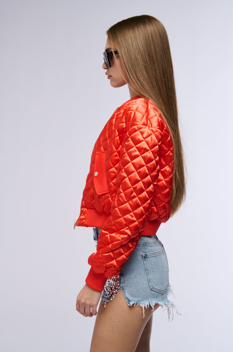 NEVER BETTER QUILTED SATIN BOMBER IN RED