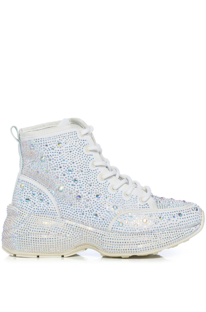 QUEENDOM WHITE HIGH TOP RHINESTONE SNEAKER