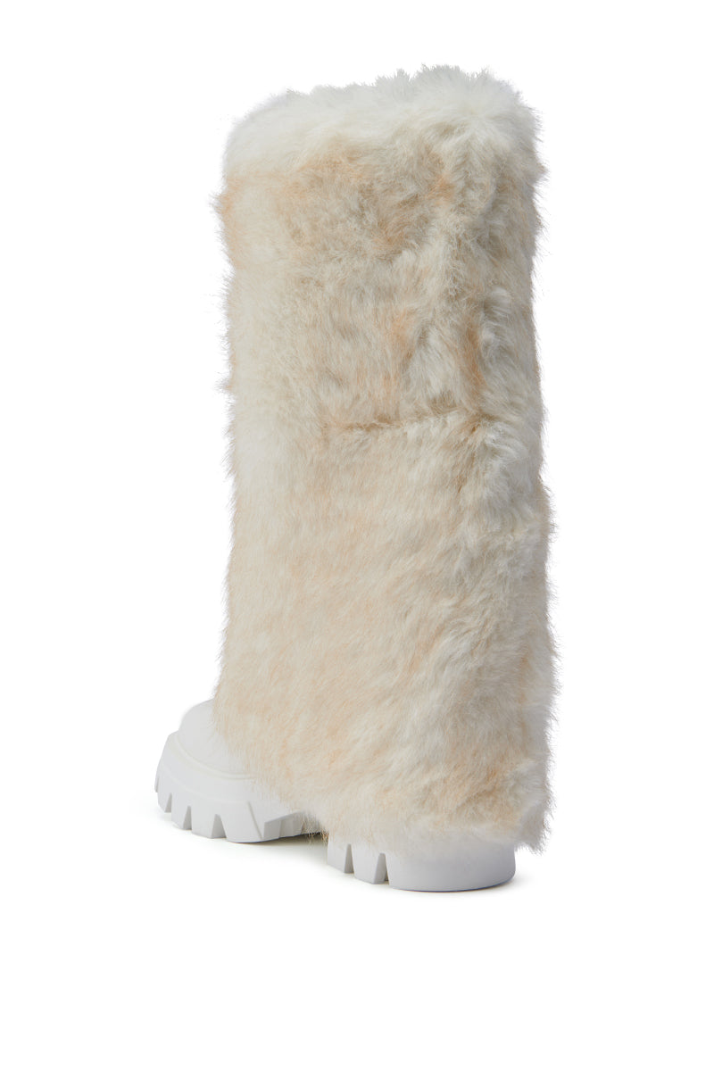 AZALEA WANG ASHOKA WHITE FUZZY FLATFORM MID CALF BOOT