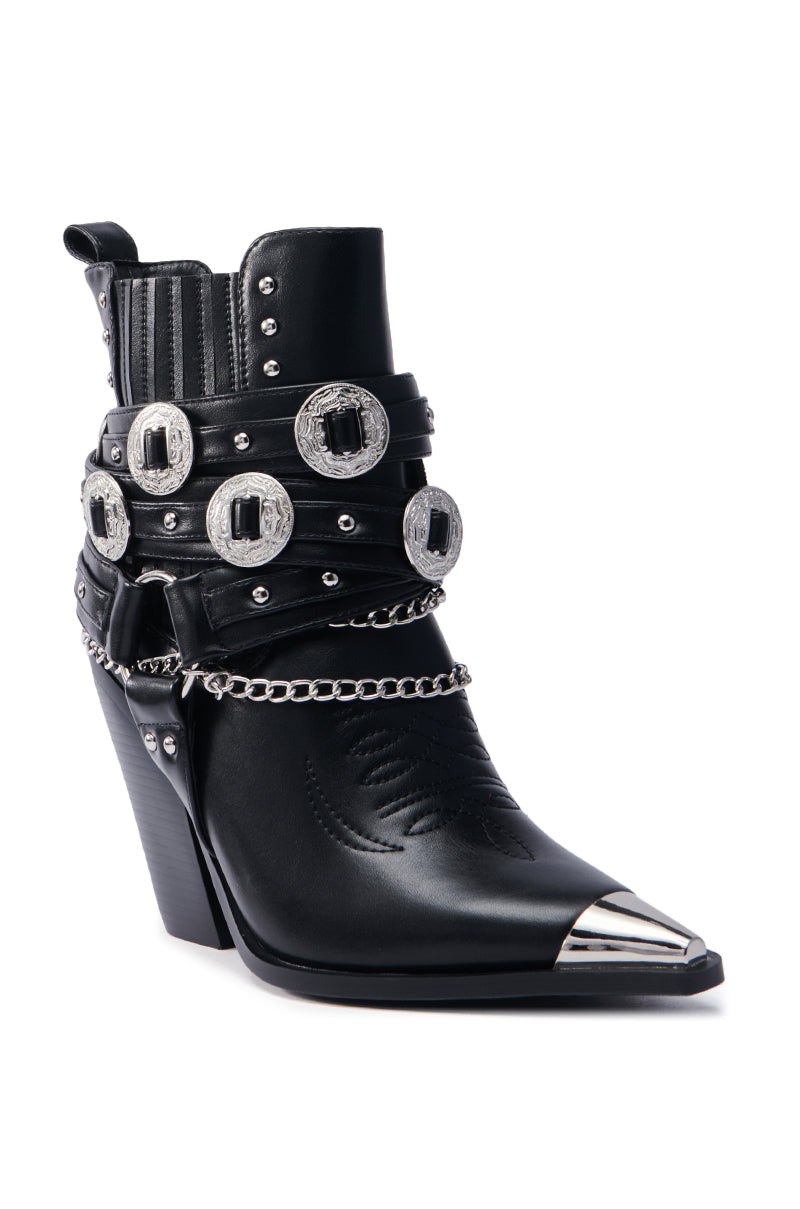 AZALEA WANG RIGGINS BLACK SILVER HARDWARE EMBELLISHED WESTERN BOOTIE