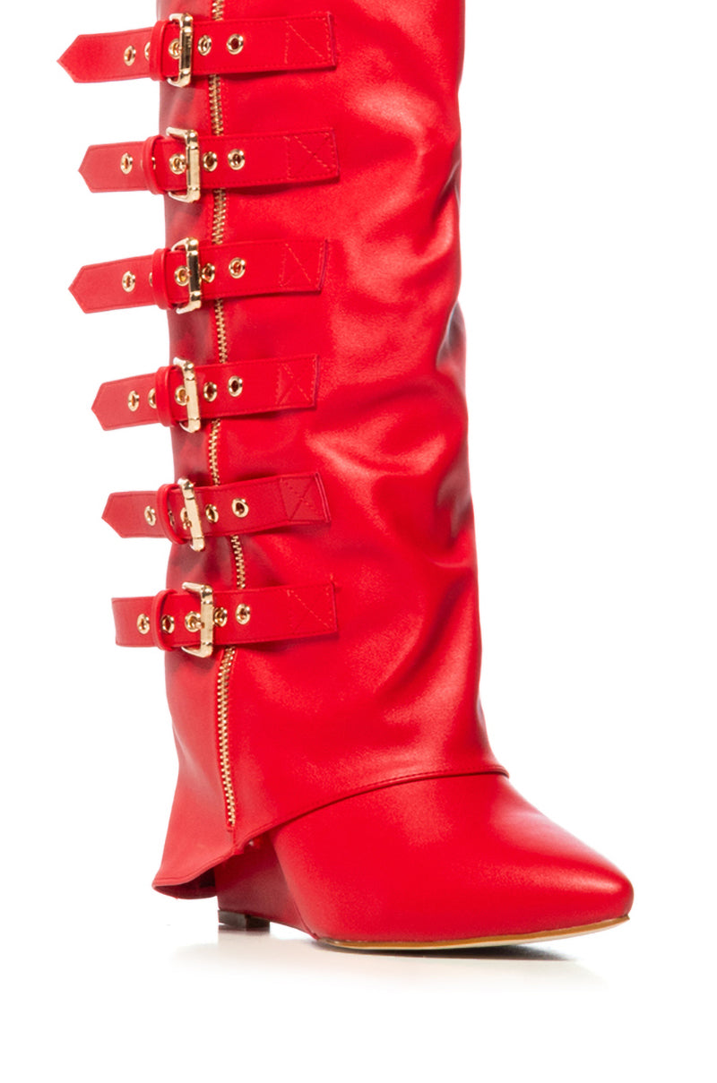 AZALEA WANG RISNA RED BUCKLE DETAIL BOOT