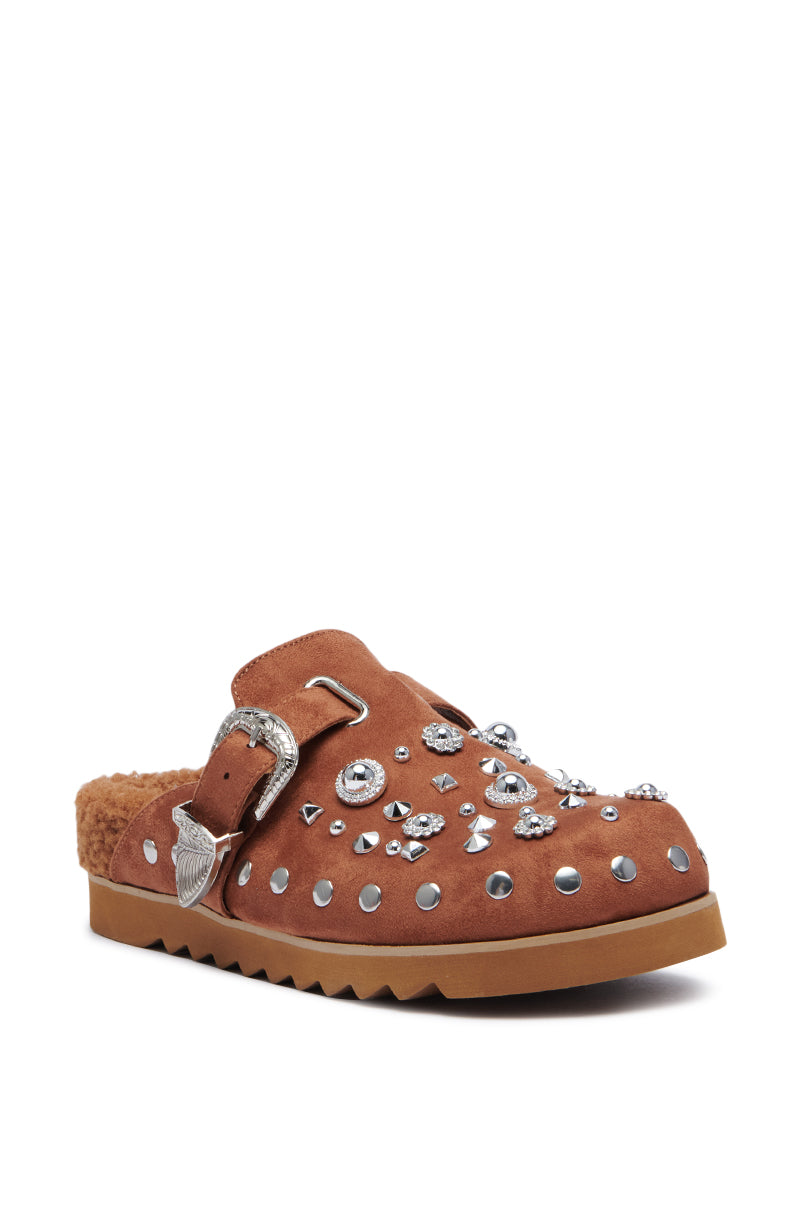 AZALEA WANG CHATTER BROWN FUR AND HARDWARE EMBELLISHED CLOG