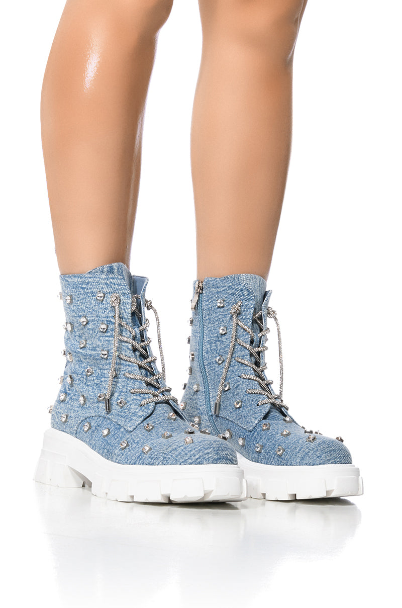 AZALEA WANG GET WHAT SHE LIKE EMBELLISHED BOOTIE IN DENIM