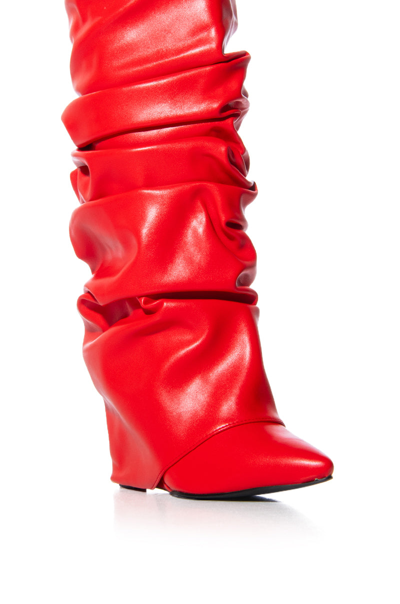 AZALEA WANG ZUMMA RED RUCHED WEDGE BOOT