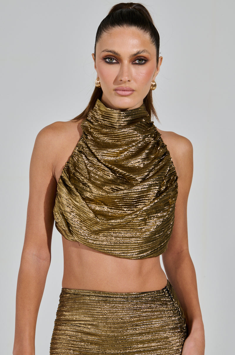 MIAMI NIGHTS HALTER NECK TIE TOP IN GOLD