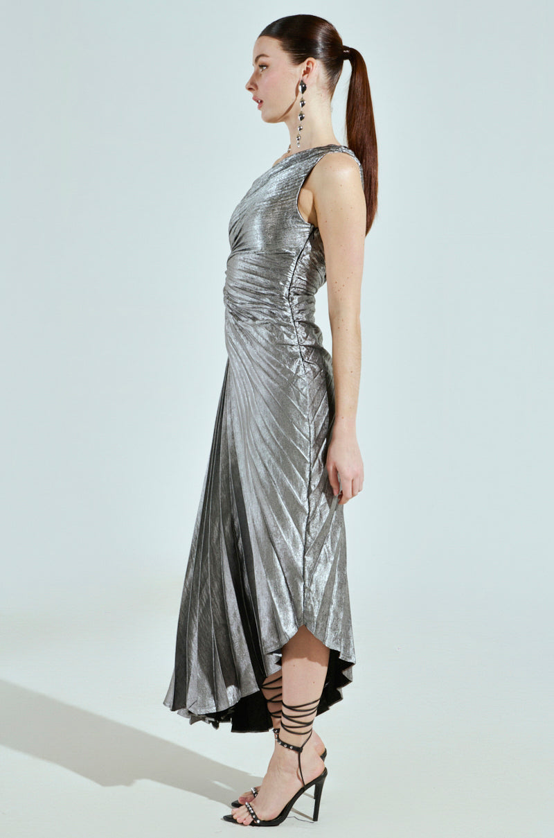 A LITTLE PARTY PLEATED MIDI DRESS IN SILVER