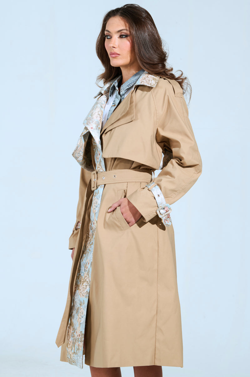 PEEKABOO BROCADE TRIM TRENCH