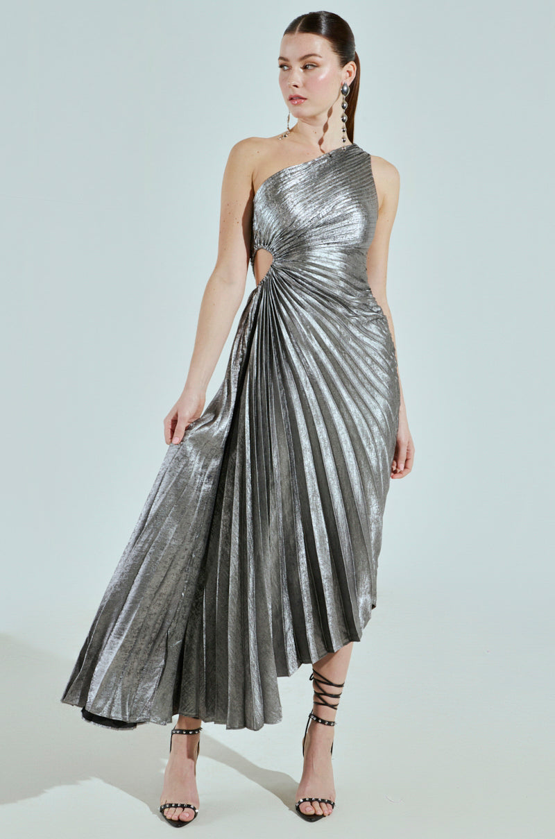 A LITTLE PARTY PLEATED MIDI DRESS IN SILVER