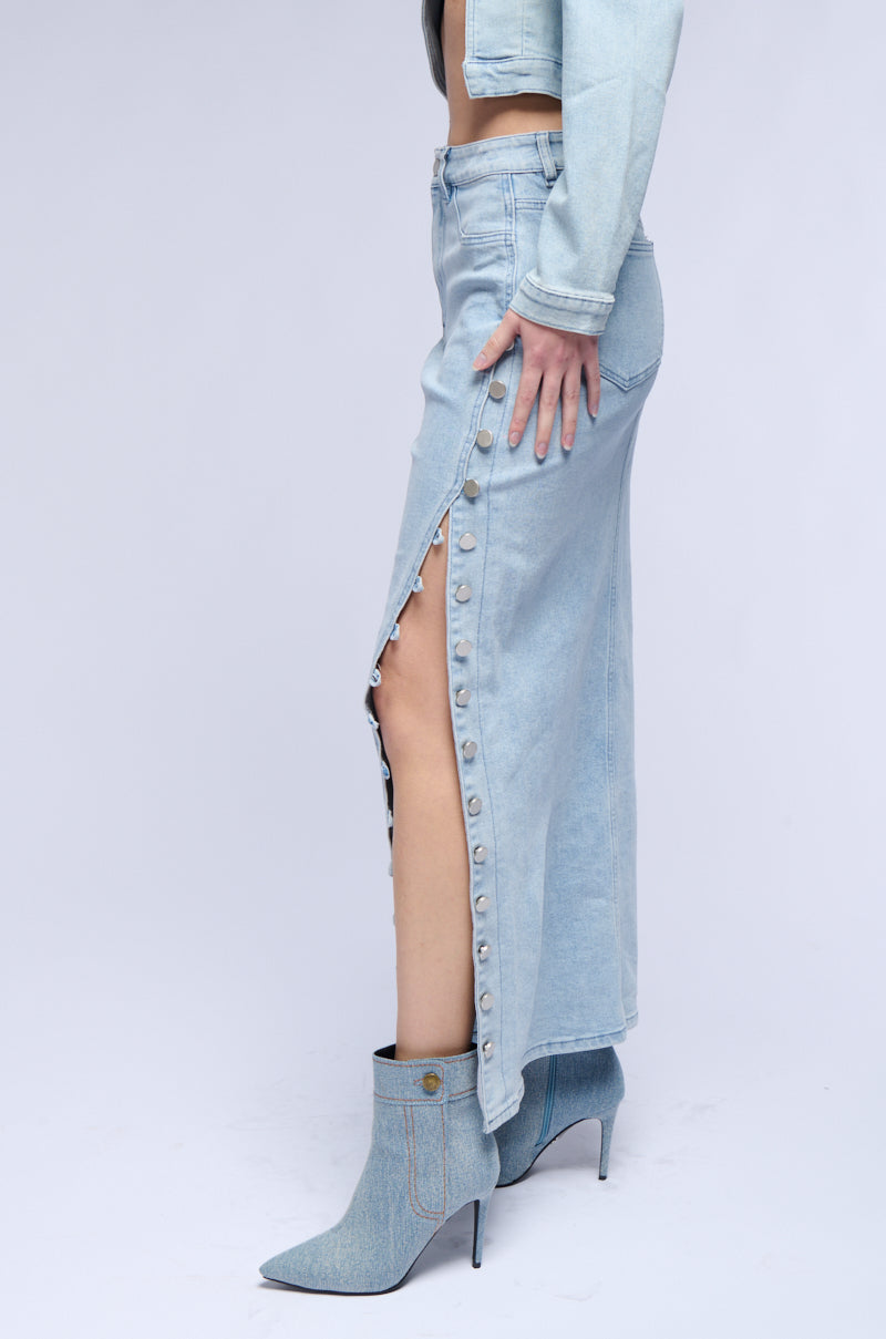 BRITNEY SIDE BUTTON DOWN DENIM MAXI SKIRT