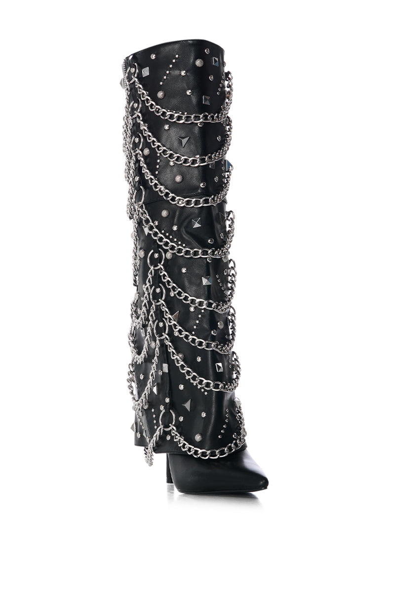 AZALEA WANG NORSE BLACK EMBELLISHED HARDWARE FOLD OVER BOOT