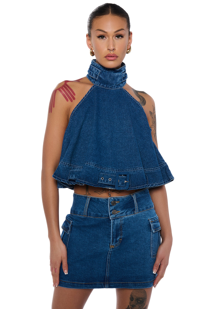 CASSIE BELTED HIGH NECK SLEEVELESS TOP