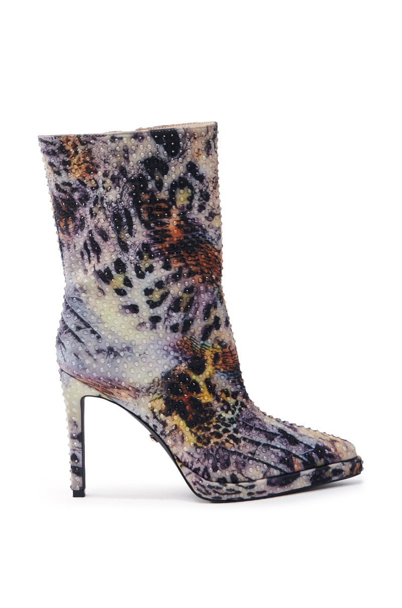 AZALEA WANG TAURA MULTI RHINESTONE EMBELLISHED ANIMAL PRINT BOOTIE