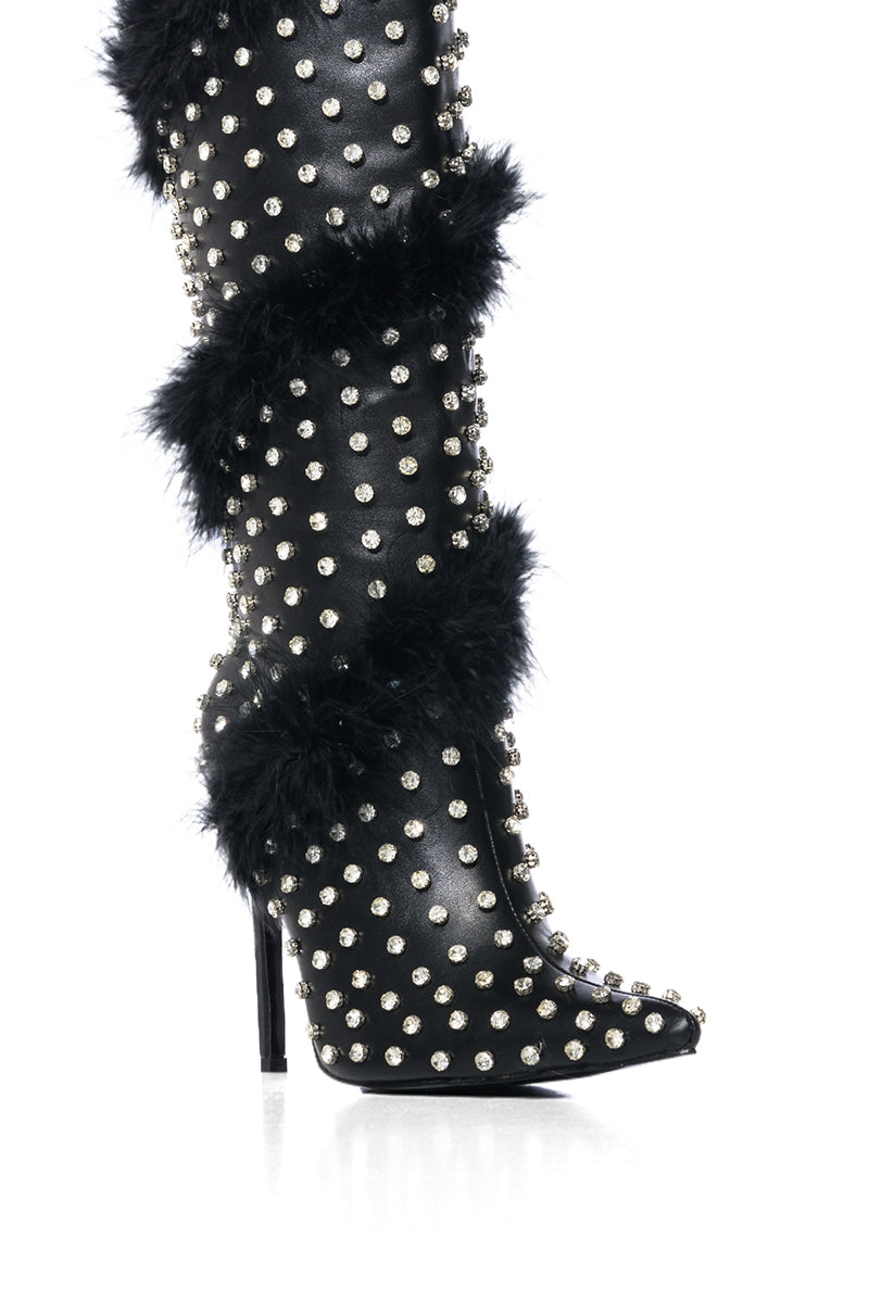 AZALEA WANG GARDENIA FEATHER EMBELLISHED BOOT IN BLACK