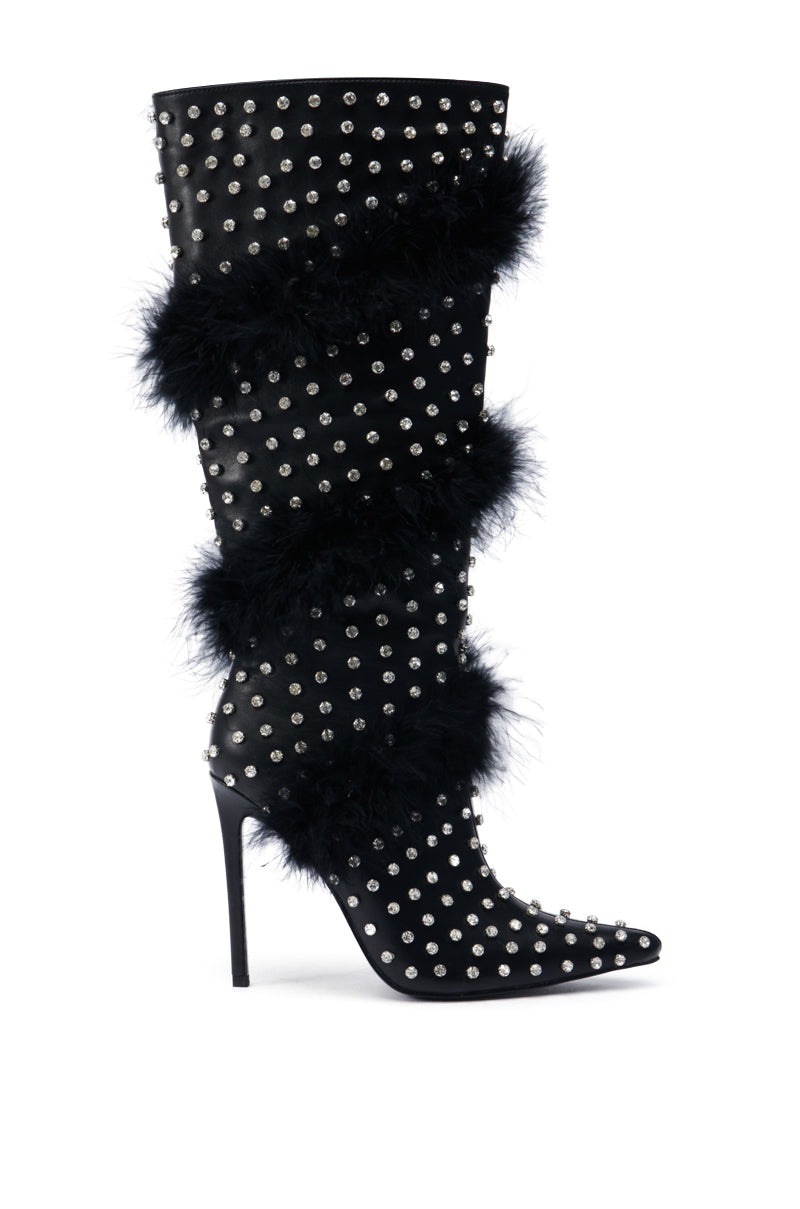 AZALEA WANG GARDENIA FEATHER EMBELLISHED BOOT IN BLACK