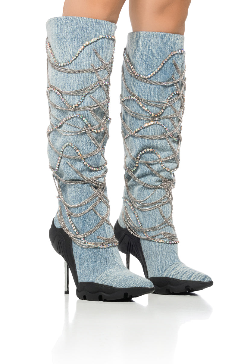 AZALEA WANG TATY DENIM CHAIN EMBELLISHED BOOT