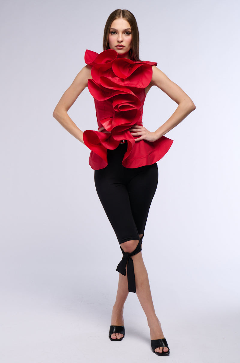 MISS FASHIONISTA SLEEVELESS RUFFLE PEPLUM BLOUSE IN RED